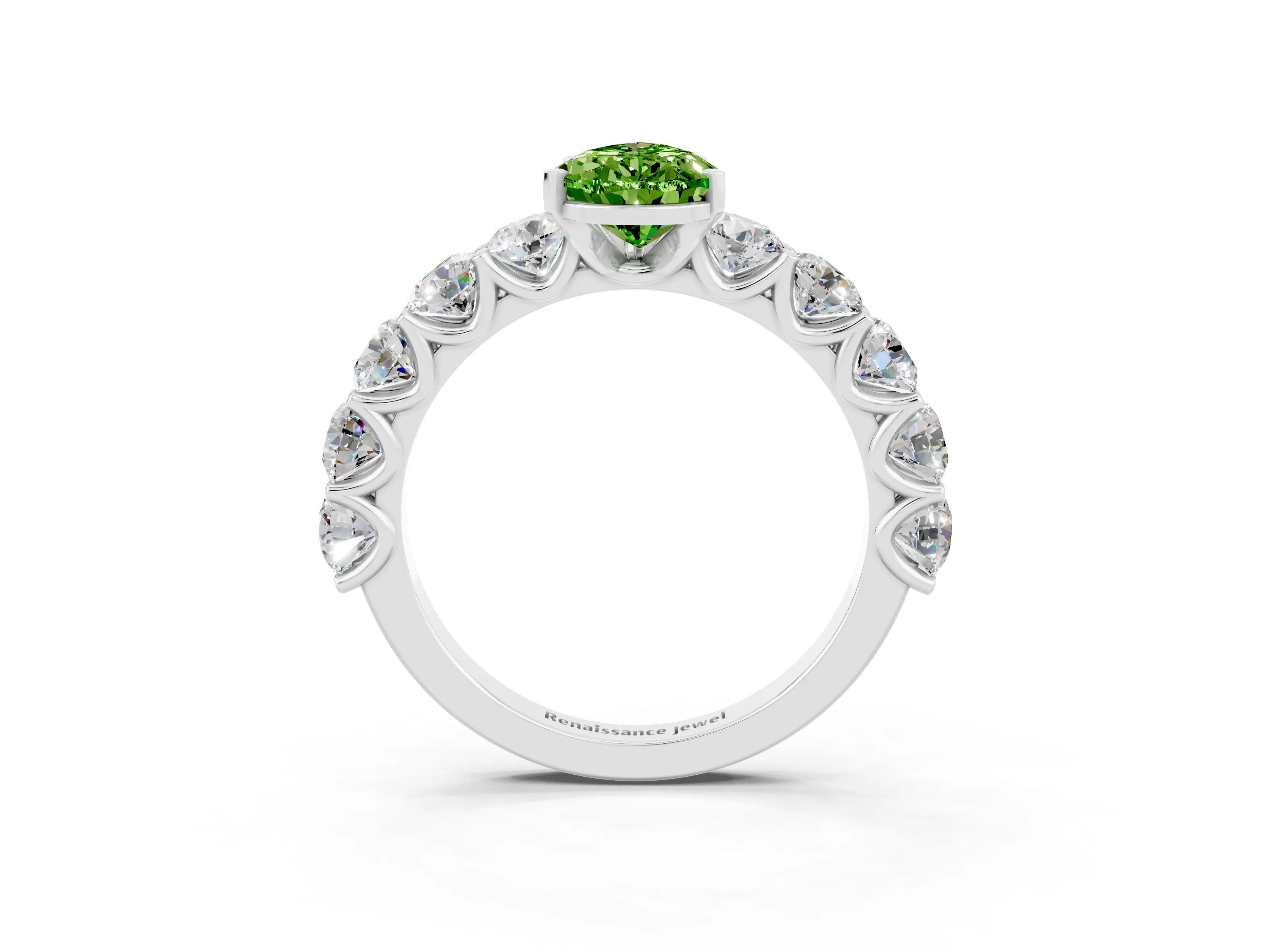 White gold Pear Cut Peridot Prong Setting with Side Stones on a Pave Band_3