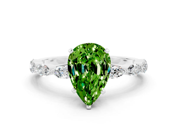 Platinum Pear Cut Peridot Ring with Marquise Side Stones and Prong Setting