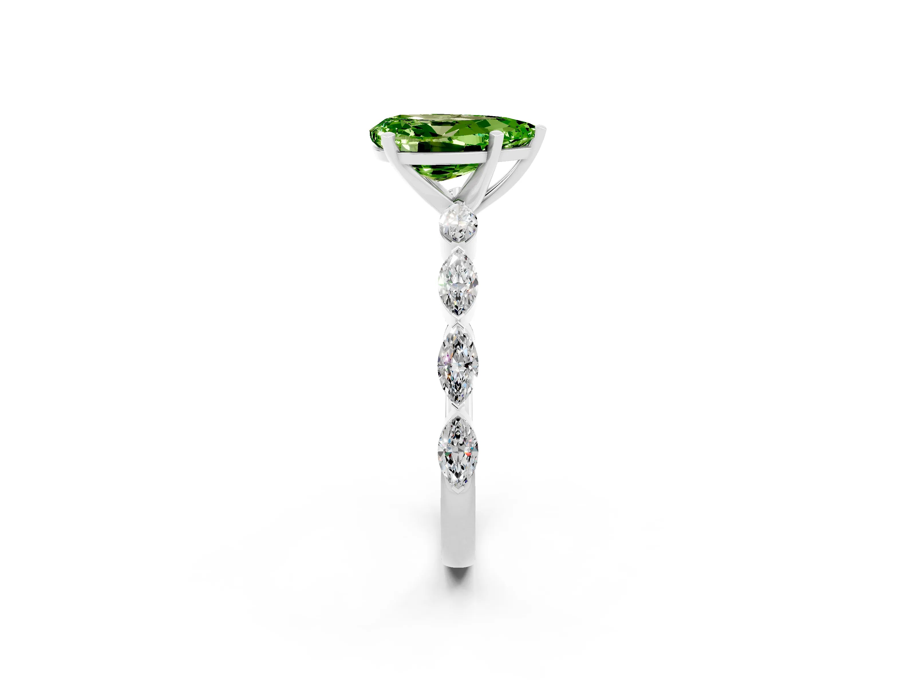 White gold Pear Cut Peridot Ring with Marquise Side Stones and Prong Setting_2