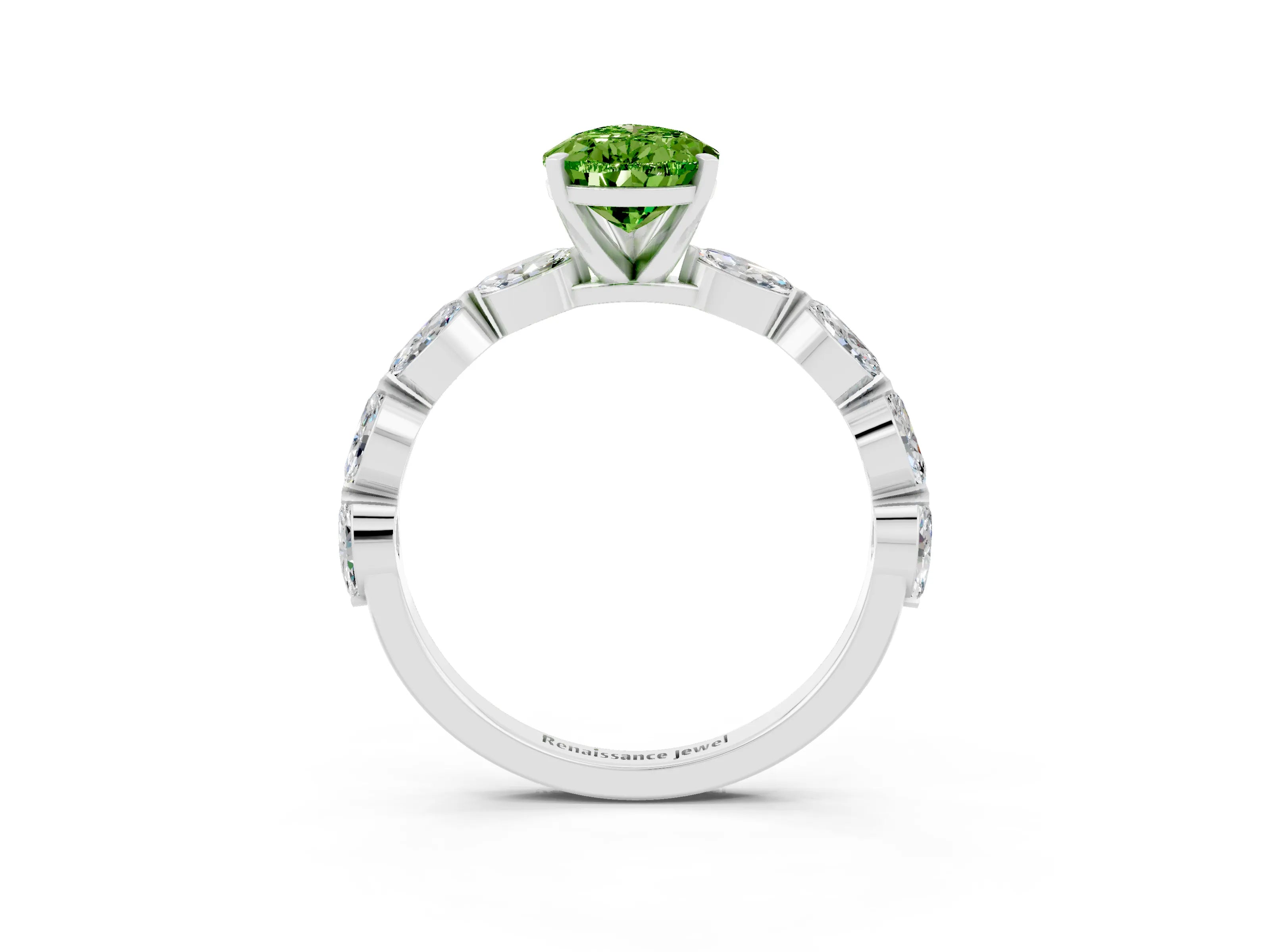 White gold Pear Cut Peridot Ring with Marquise Side Stones and Prong Setting_3