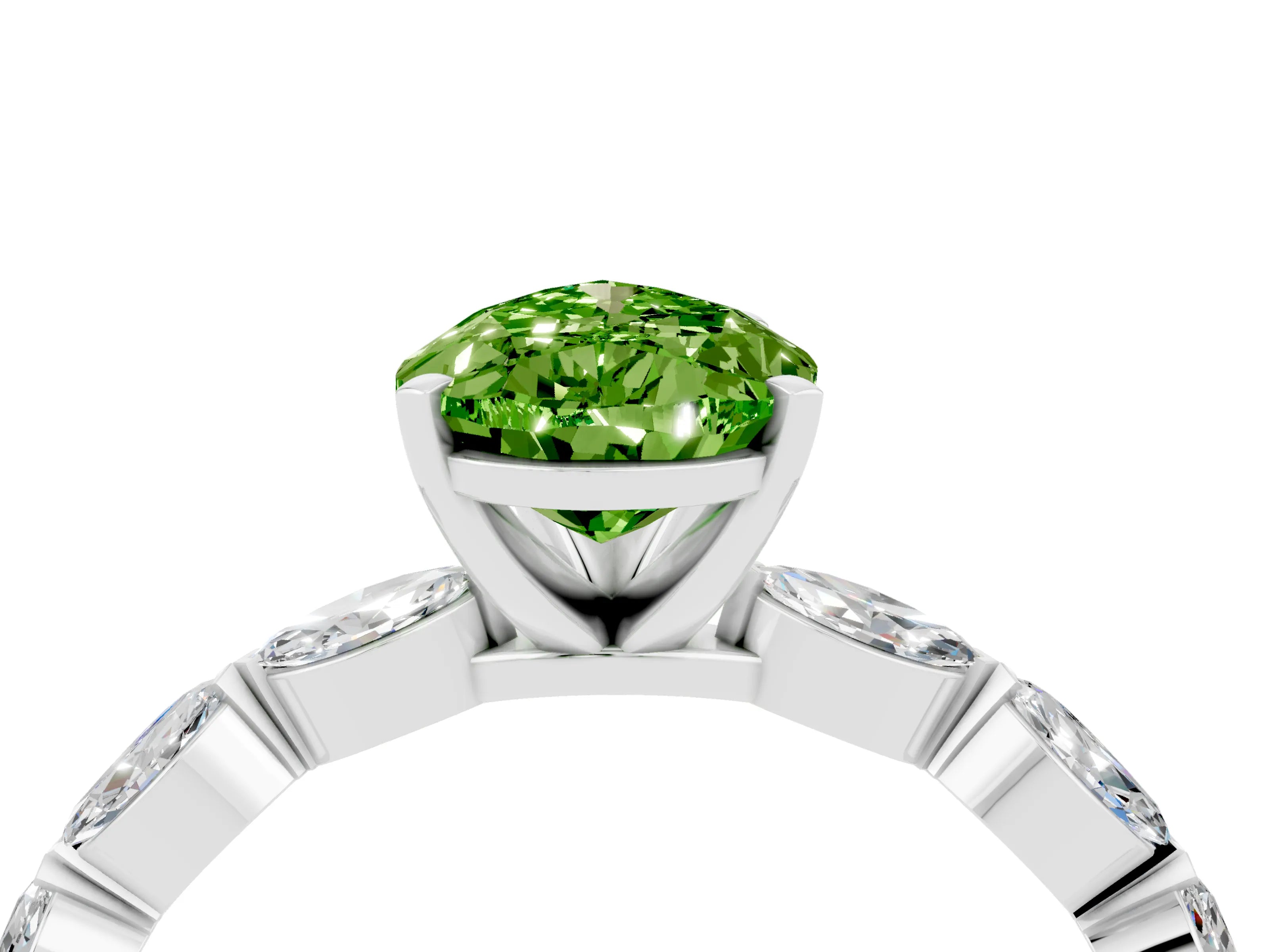 White gold Pear Cut Peridot Ring with Marquise Side Stones and Prong Setting_4