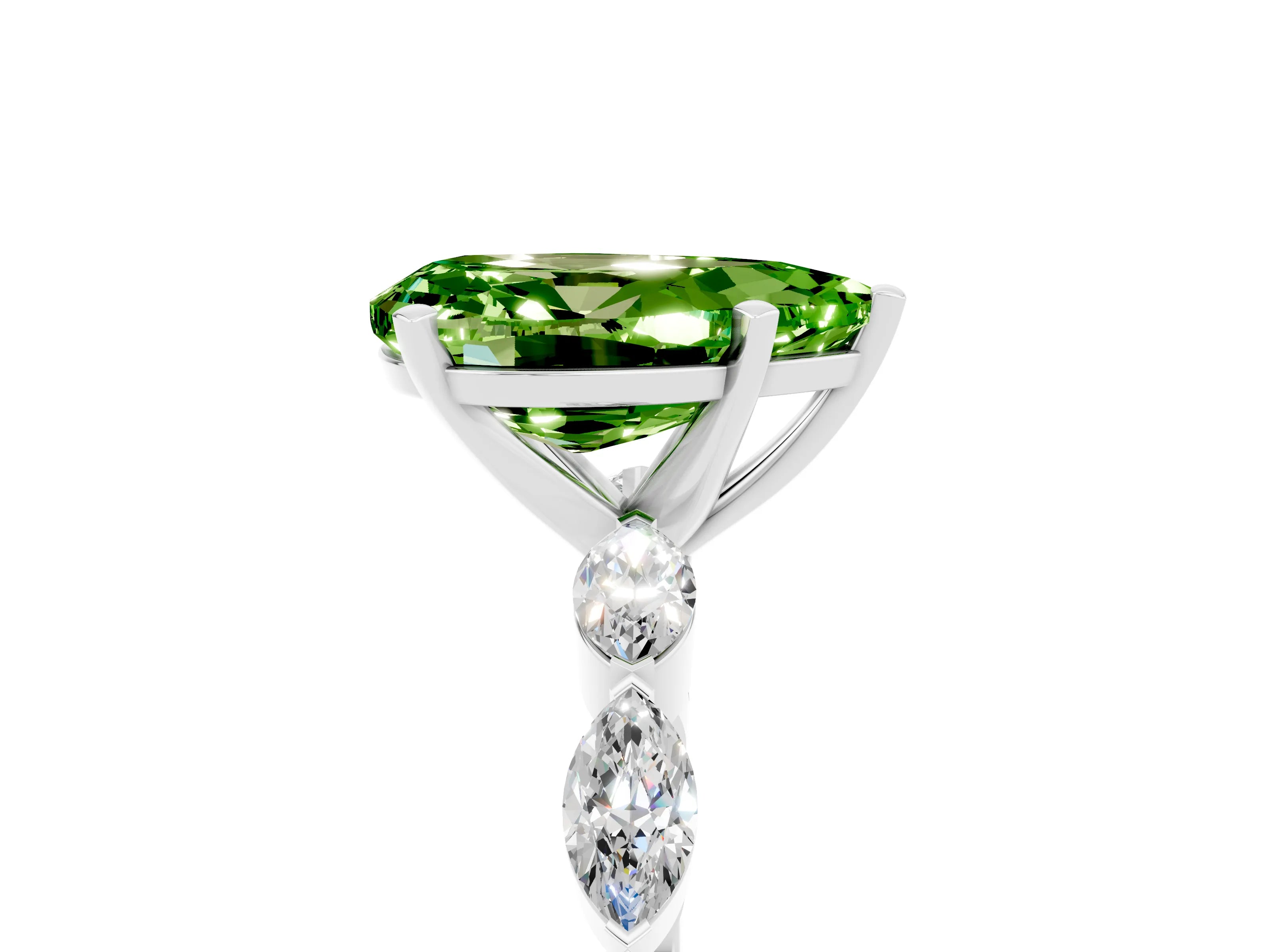 White gold Pear Cut Peridot Ring with Marquise Side Stones and Prong Setting_5