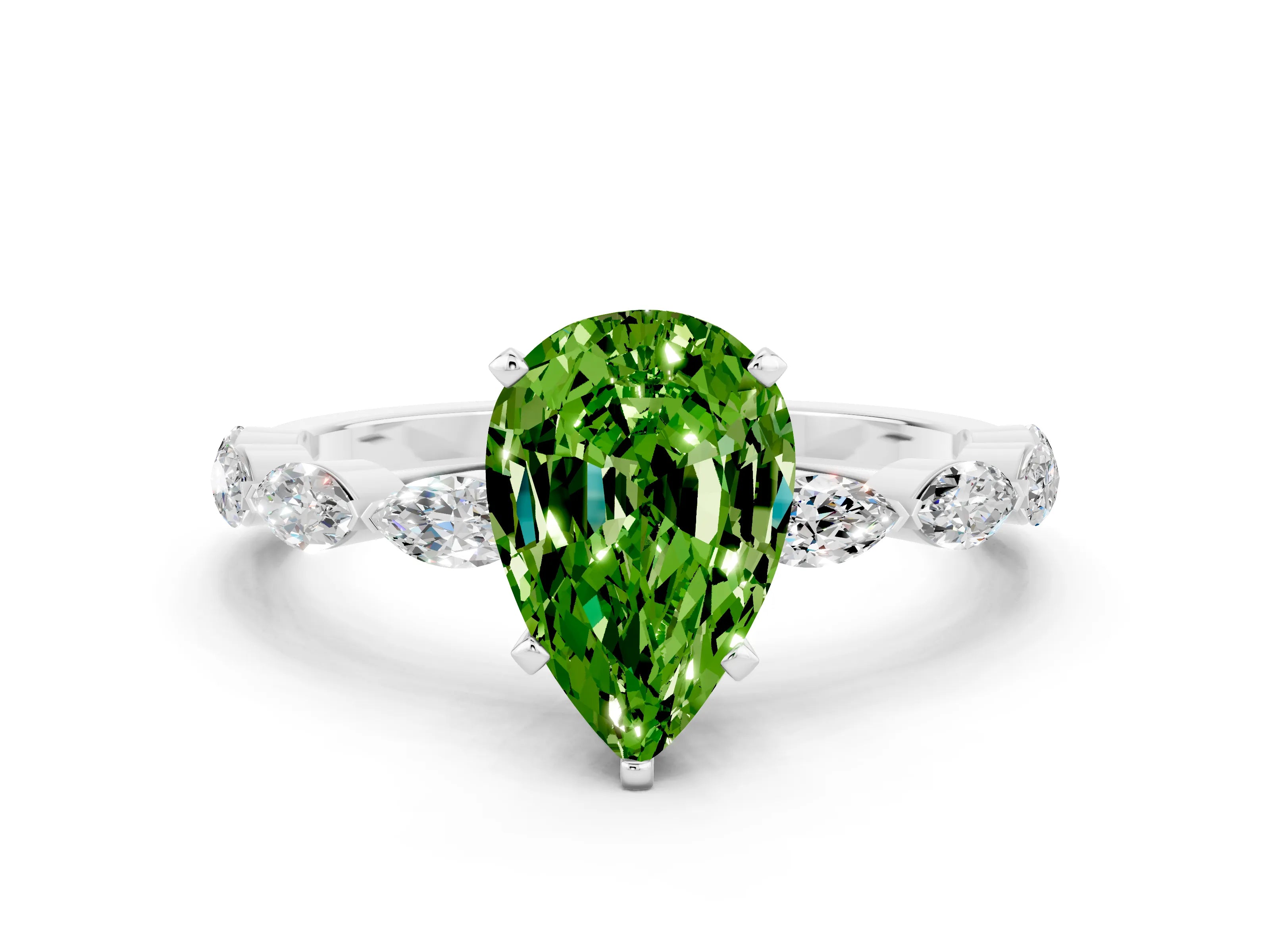 White gold Pear Cut Peridot Ring with Marquise Side Stones and Prong Setting