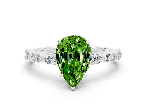 White gold Pear Cut Peridot Ring with Marquise Side Stones and Prong Setting