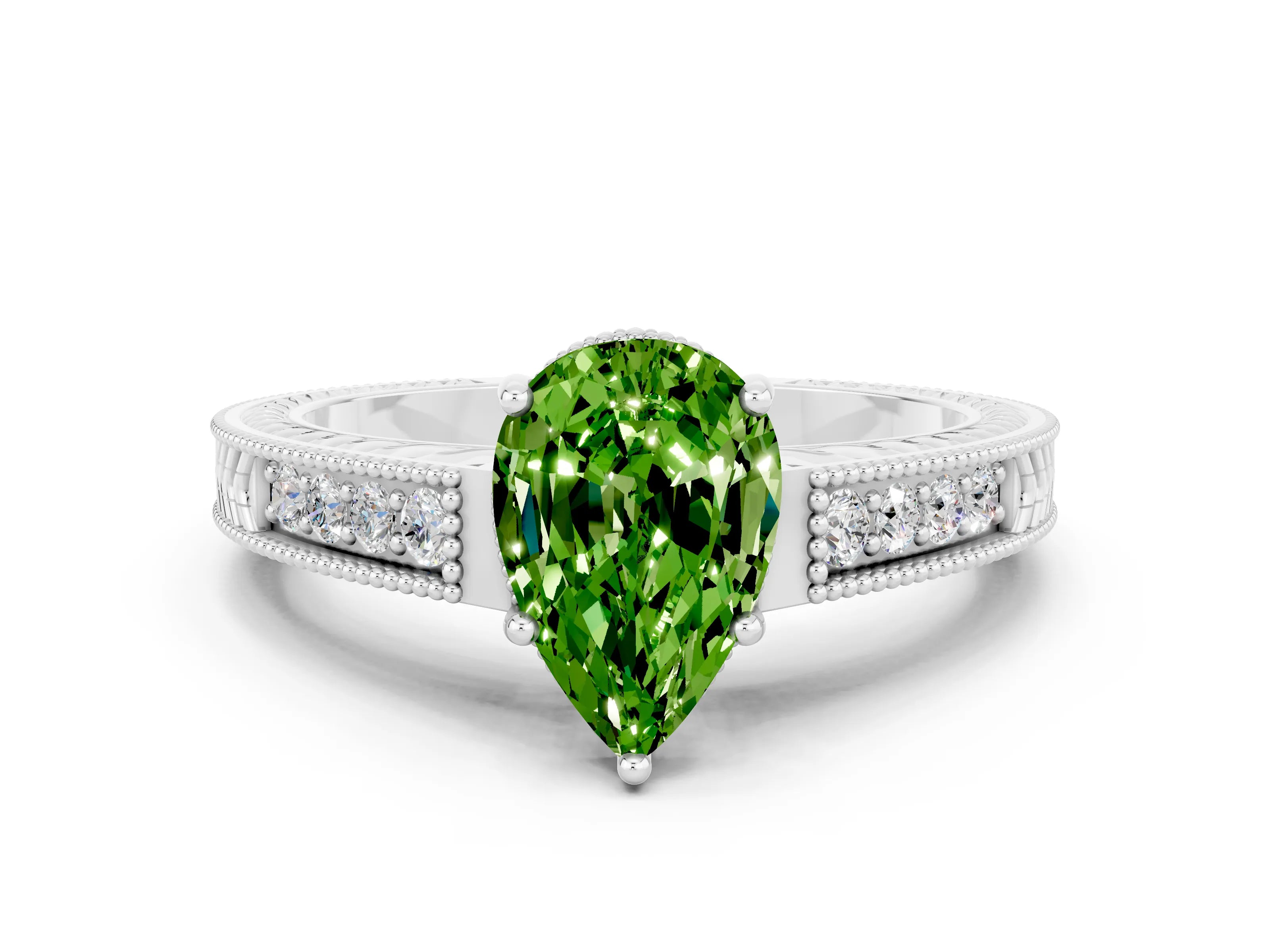White gold Pear Cut Peridot Ring with Milgrain Pavé Band and Four-Prong Setting_12