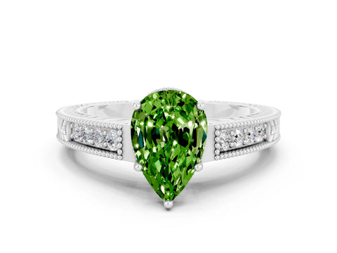 White gold Pear Cut Peridot Ring with Milgrain Pavé Band and Four-Prong Setting_12