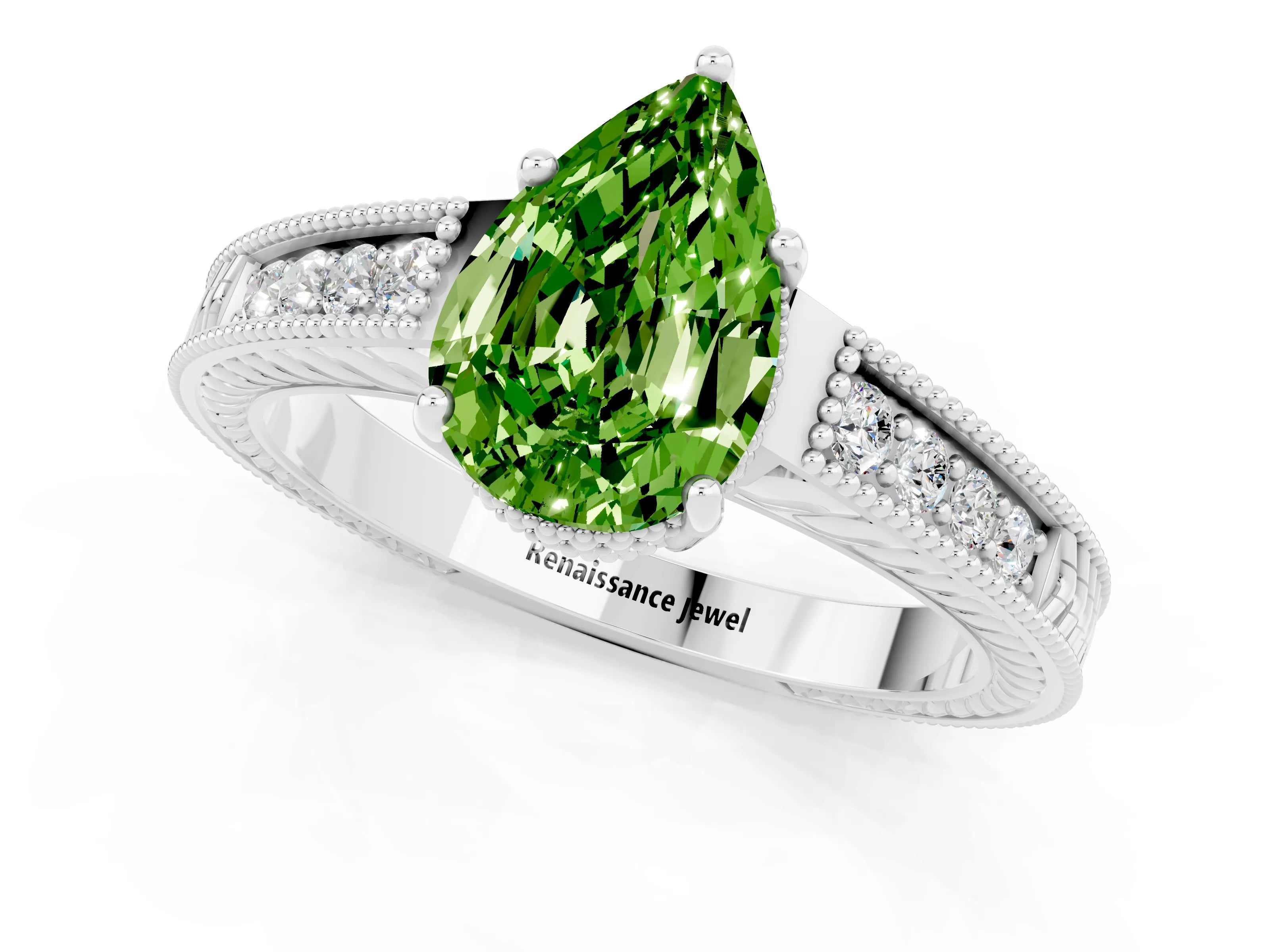 White gold Pear Cut Peridot Ring with Milgrain Pavé Band and Four-Prong Setting_13