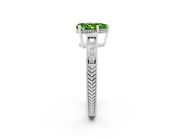 White gold Pear Cut Peridot Ring with Milgrain Pavé Band and Four-Prong Setting