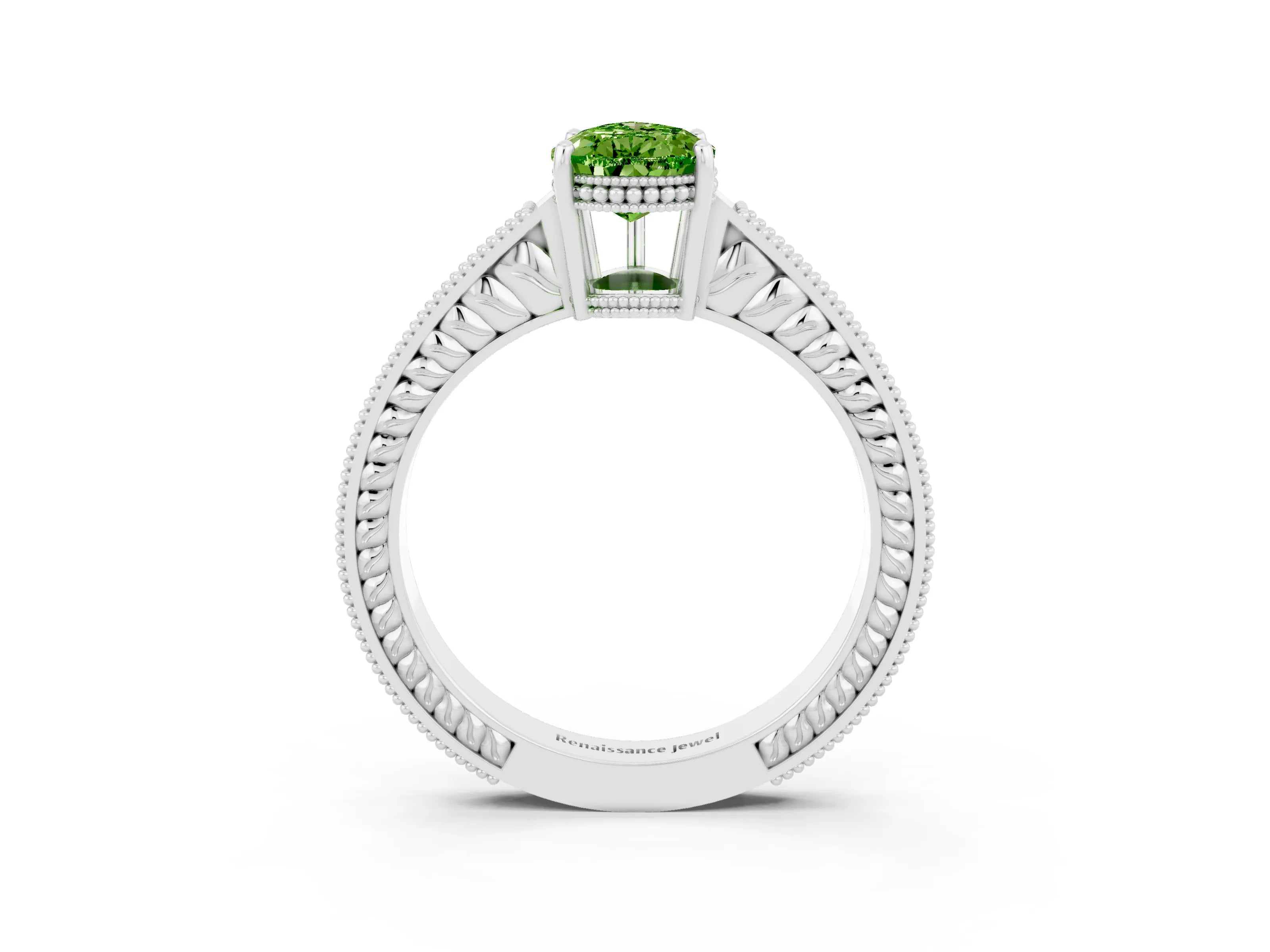 White gold Pear Cut Peridot Ring with Milgrain Pavé Band and Four-Prong Setting_15