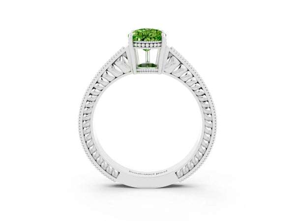 White gold Pear Cut Peridot Ring with Milgrain Pavé Band and Four-Prong Setting