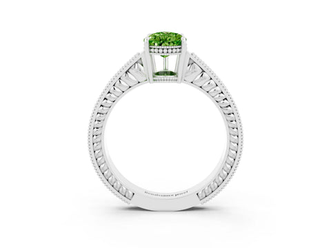 White gold Pear Cut Peridot Ring with Milgrain Pavé Band and Four-Prong Setting_15