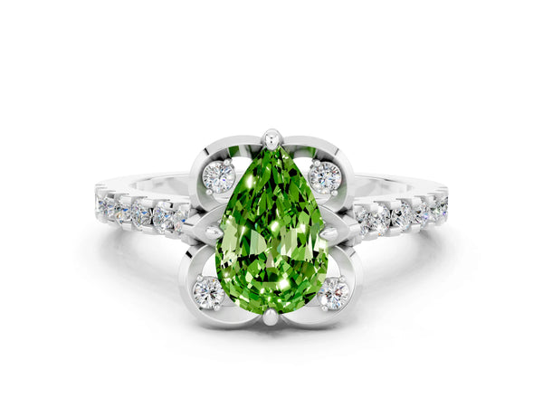 Platinum Pear Cut Peridot Ring with Pavé Band and Floral Prong Setting
