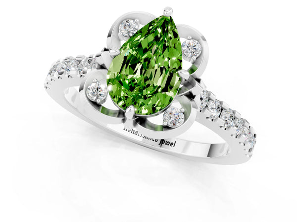 Platinum Pear Cut Peridot Ring with Pavé Band and Floral Prong Setting