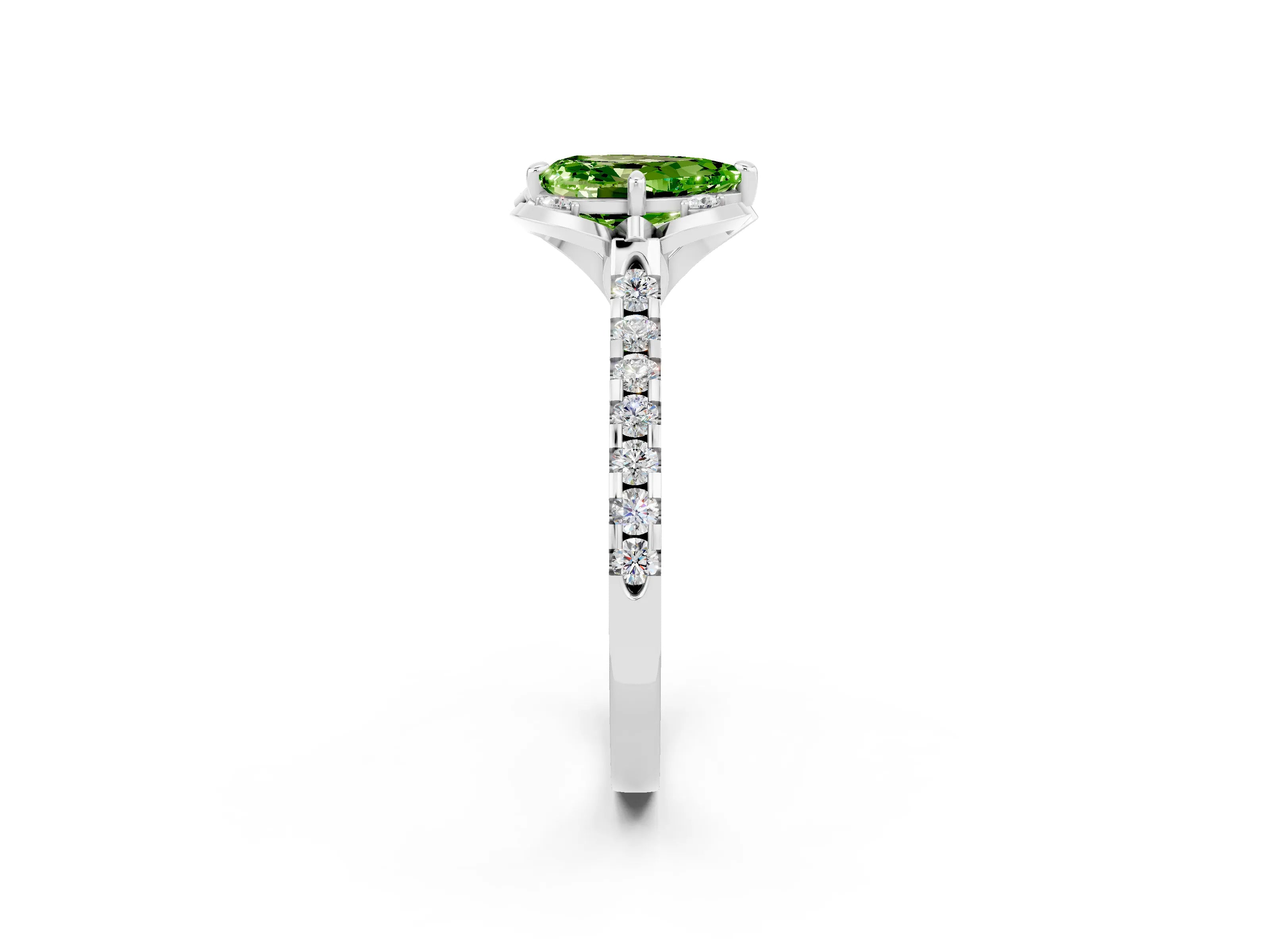 White gold Pear Cut Peridot Ring with Pavé Band and Floral Prong Setting_2