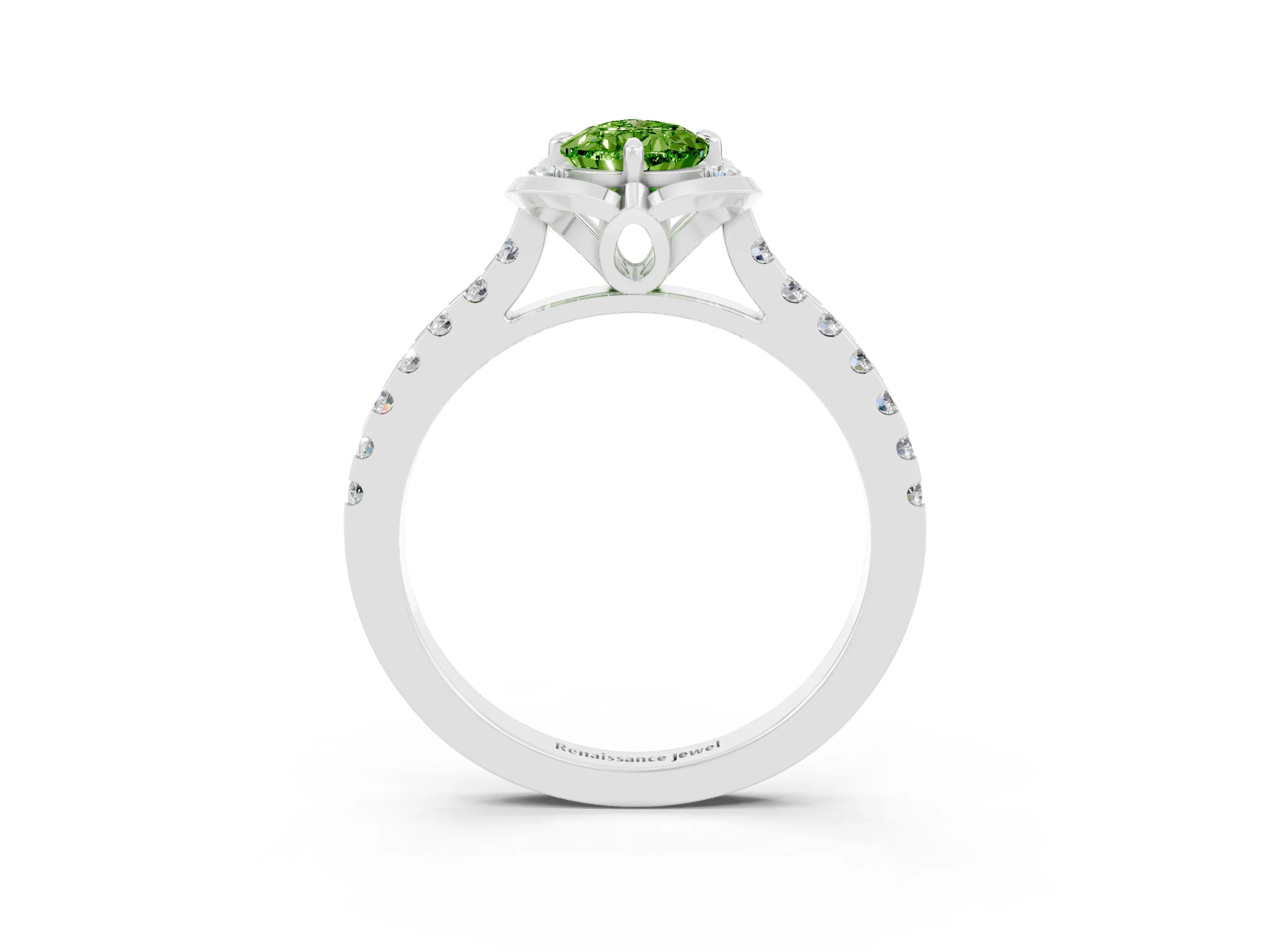 White gold Pear Cut Peridot Ring with Pavé Band and Floral Prong Setting_3