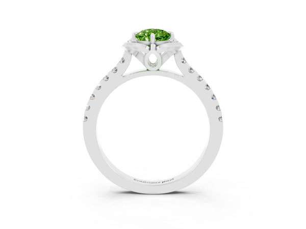 Platinum Pear Cut Peridot Ring with Pavé Band and Floral Prong Setting