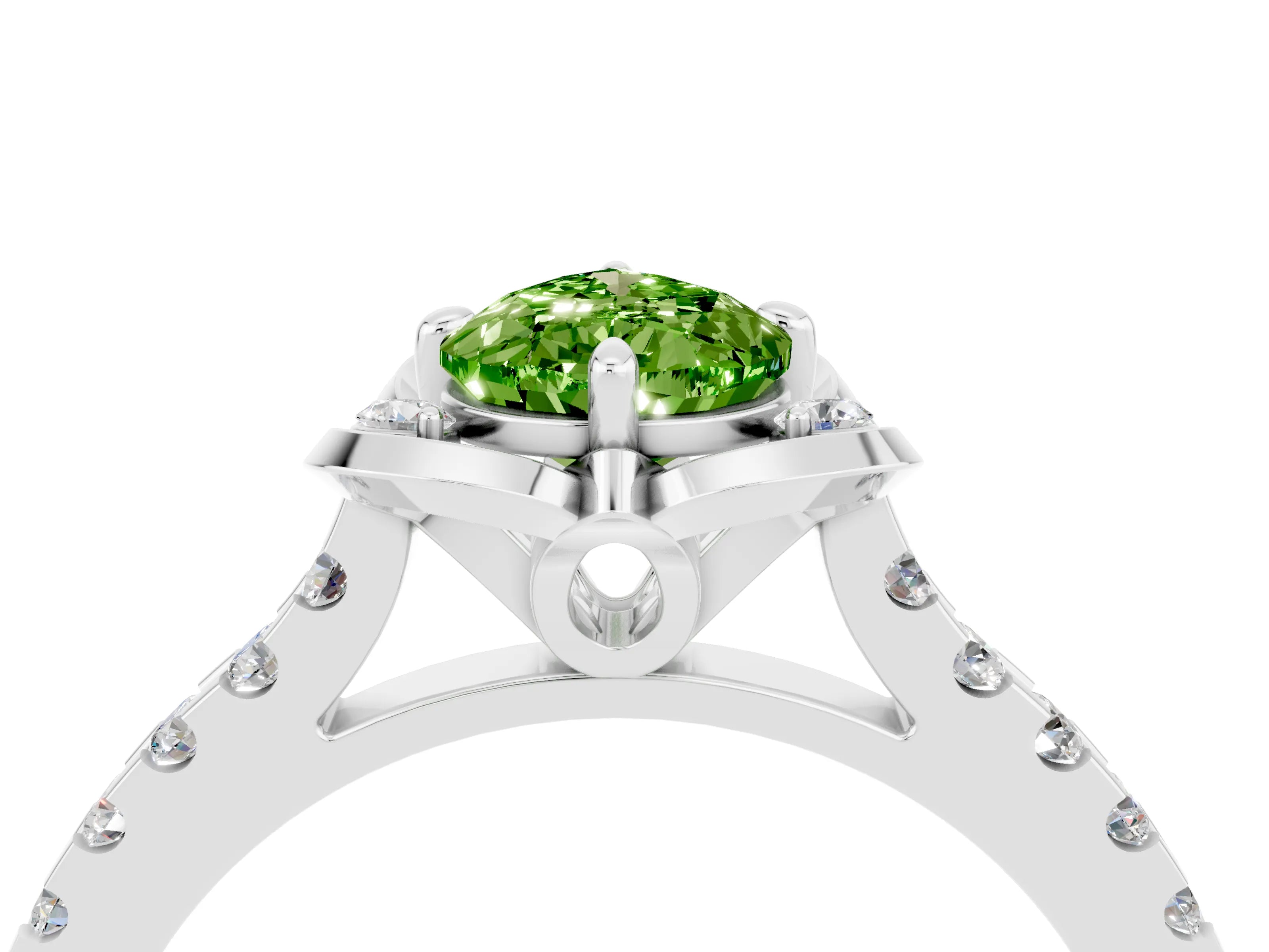 White gold Pear Cut Peridot Ring with Pavé Band and Floral Prong Setting_4