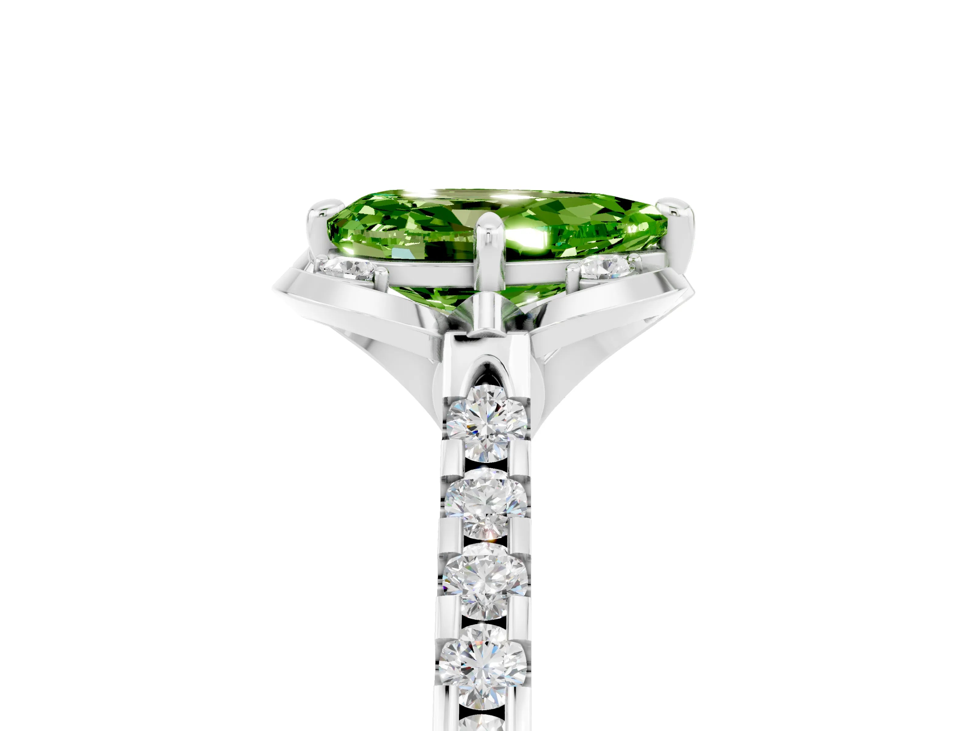 White gold Pear Cut Peridot Ring with Pavé Band and Floral Prong Setting_5