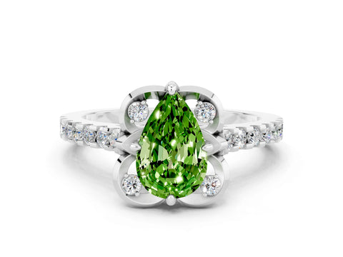 White gold Pear Cut Peridot Ring with Pavé Band and Floral Prong Setting