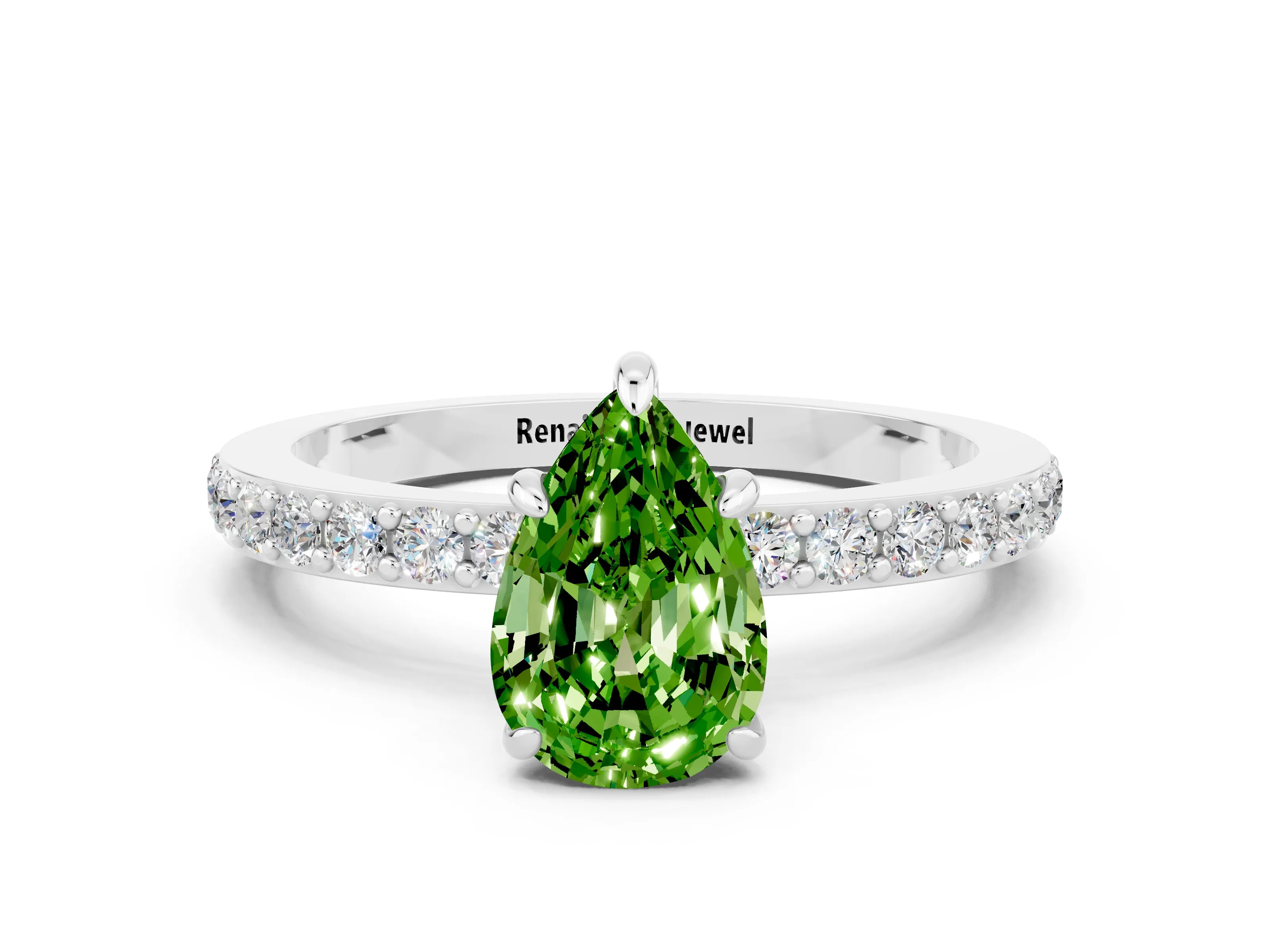 White gold Pear Cut Peridot Ring with Pavé Band and Four-Prong Setting