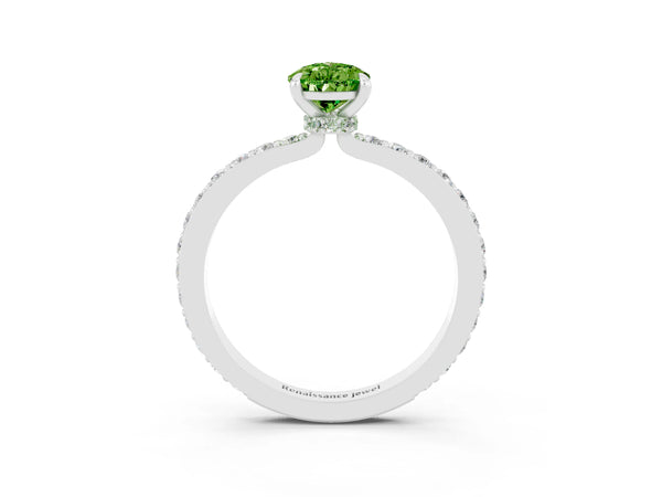 Silver Pear Cut Peridot Pavé Engagement Ring with Round  Accents and Prong Setting