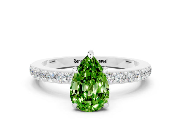 Silver Pear Cut Peridot Pavé Engagement Ring with Round  Accents and Prong Setting