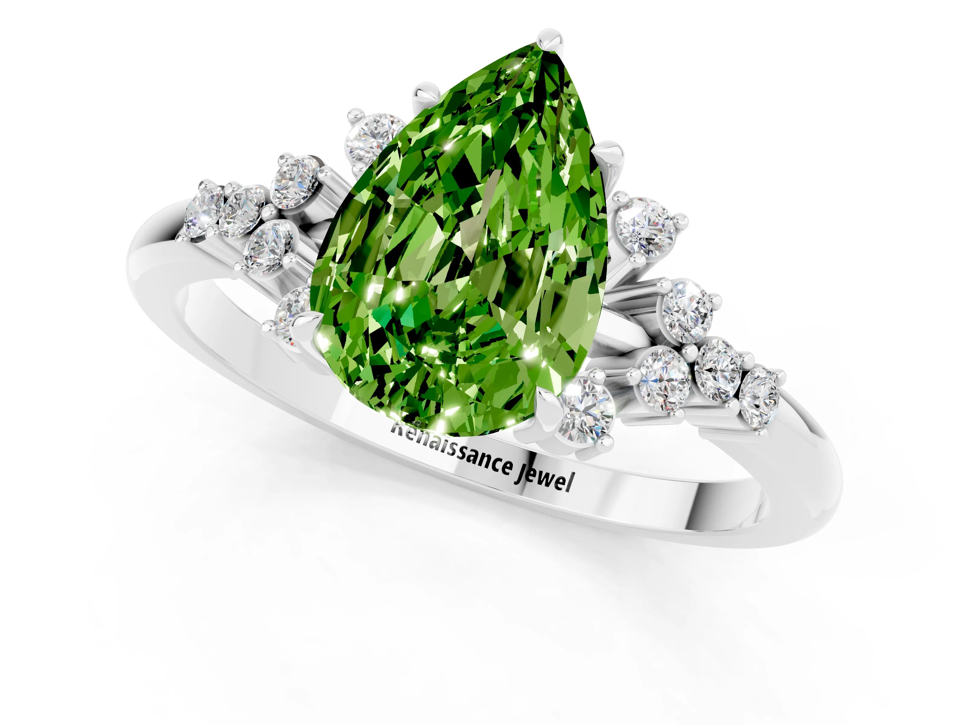 White gold Pear Cut Peridot Ring with Side Stones and Four-Prong Setting_37