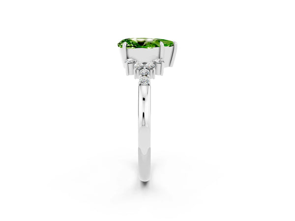 White gold Pear Cut Peridot Ring with Side Stones and Four-Prong Setting