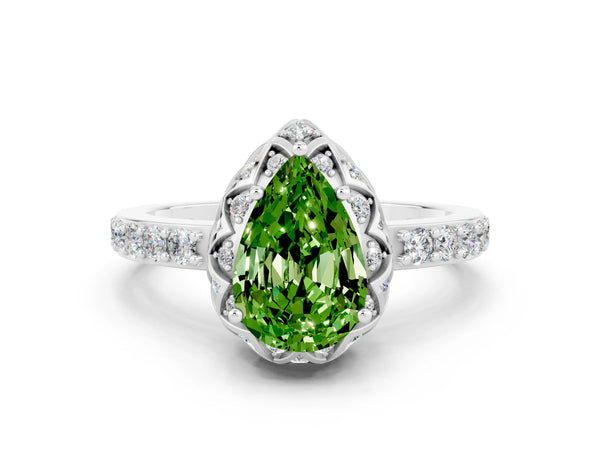 Platinum Pear Cut Peridot Scalloped Halo Engagement Ring with Round Shared Prong Band