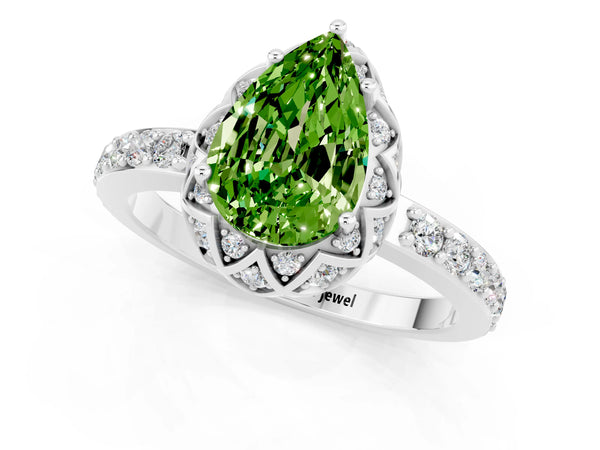 Platinum Pear Cut Peridot Scalloped Halo Engagement Ring with Round Shared Prong Band