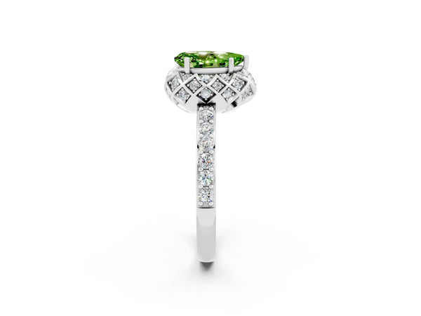 Silver Pear Cut Peridot Scalloped Halo Engagement Ring with Round Shared Prong Band