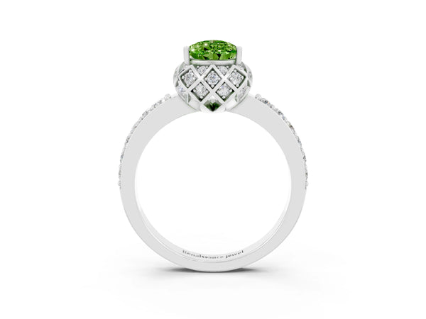 Platinum Pear Cut Peridot Scalloped Halo Engagement Ring with Round Shared Prong Band