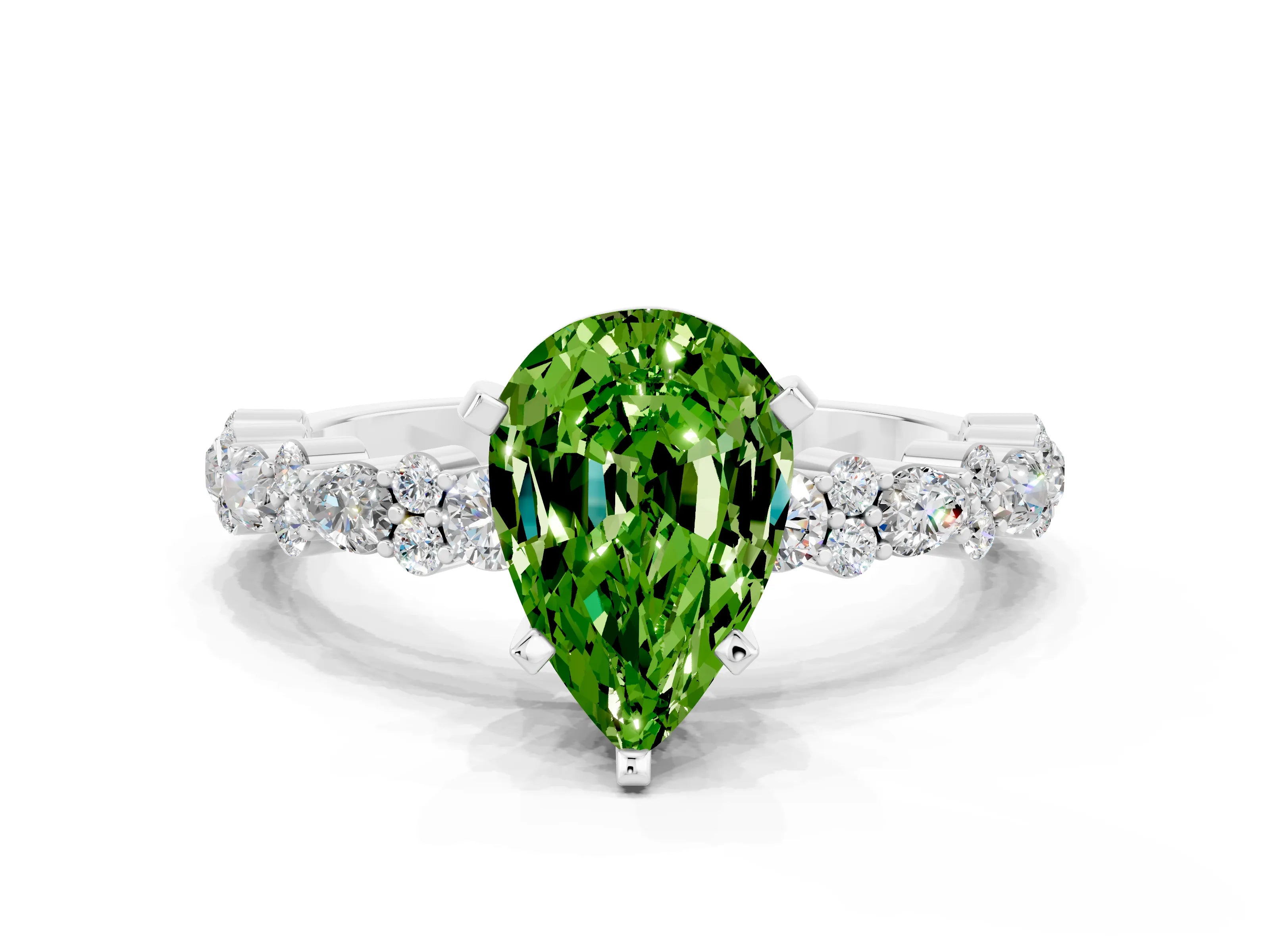 White gold Pear Cut Peridot Side Stone Solitaire Ring with Round  and Four-Prong Setting_48