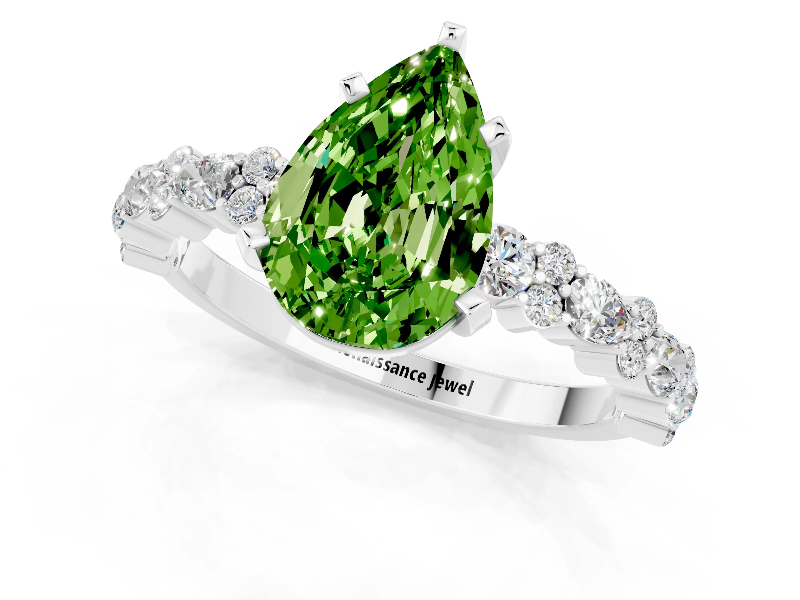 White gold Pear Cut Peridot Side Stone Solitaire Ring with Round  and Four-Prong Setting_49