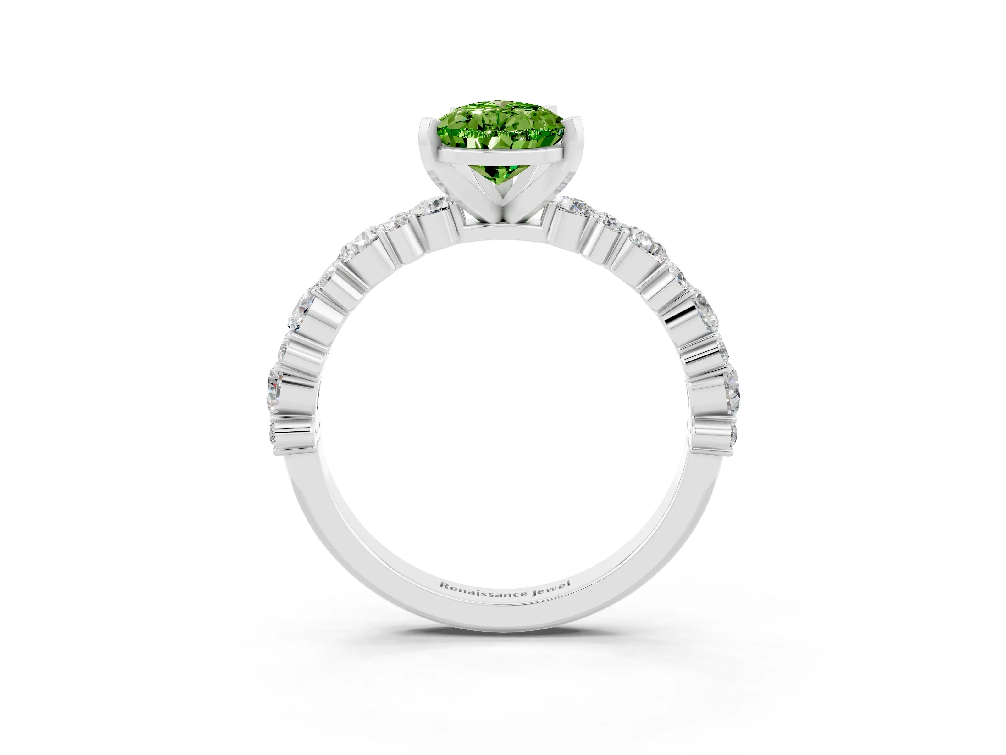 White gold Pear Cut Peridot Side Stone Solitaire Ring with Round  and Four-Prong Setting_51