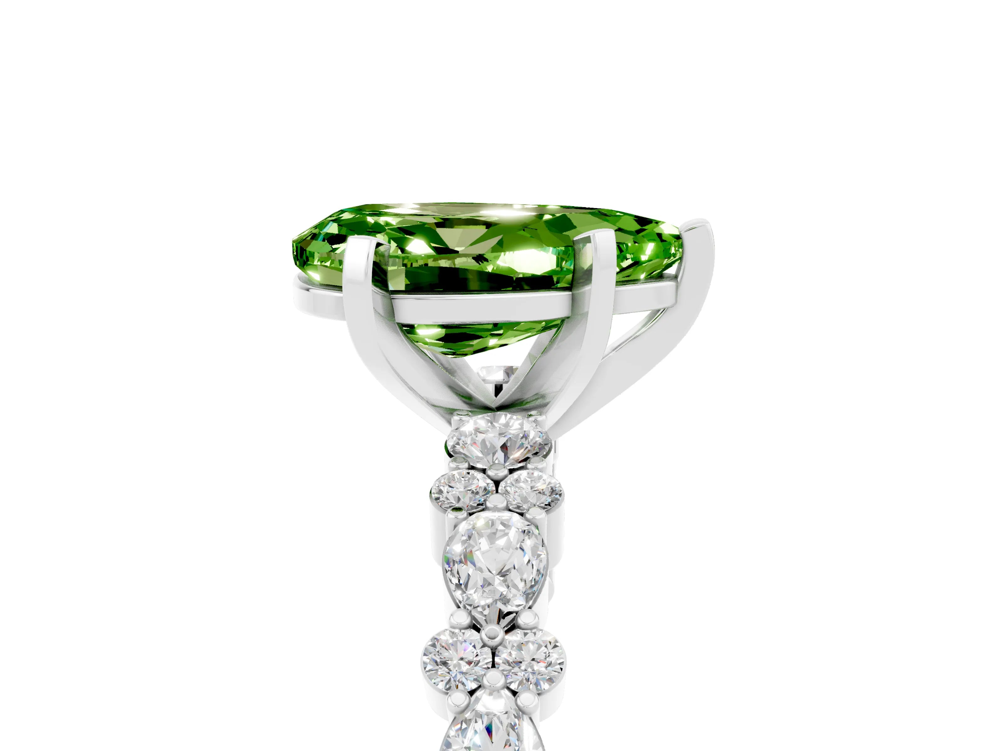 White gold Pear Cut Peridot Side Stone Solitaire Ring with Round  and Four-Prong Setting_53