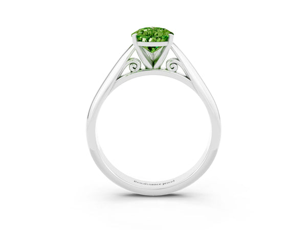 Silver Pear Cut Peridot Solitaire Engagement Ring with Cathedral Setting and Four-Prong Mount