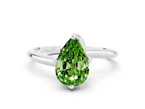 Platinum Pear Cut Peridot Solitaire Engagement Ring with Four-Prong Setting and Classic Band