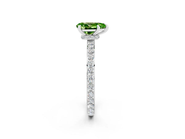 White gold Pear Cut Peridot Solitaire Engagement Ring with Pavé Band and Four-Prong Setting