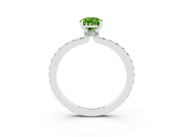Silver Pear Cut Peridot Solitaire Engagement Ring with Pavé Band and Four-Prong Setting
