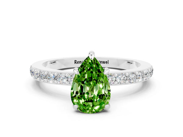 Silver Pear Cut Peridot Solitaire Engagement Ring with Pavé Band and Four-Prong Setting