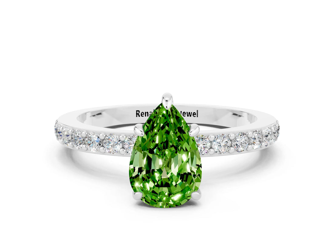 White gold Pear Cut Peridot Solitaire Engagement Ring with Pavé Band and Four-Prong Setting