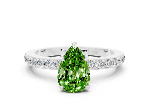 White gold Pear Cut Peridot Solitaire Engagement Ring with Pavé Band and Four-Prong Setting