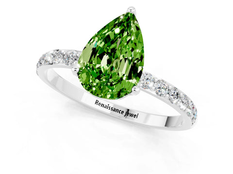 White gold Pear Cut Peridot Solitaire Engagement Ring with Pavé Band and Prong Setting_1