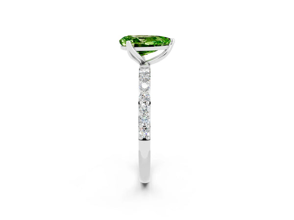 Platinum Pear Cut Peridot Solitaire Engagement Ring with Round  Pavé Band and Prong Setting