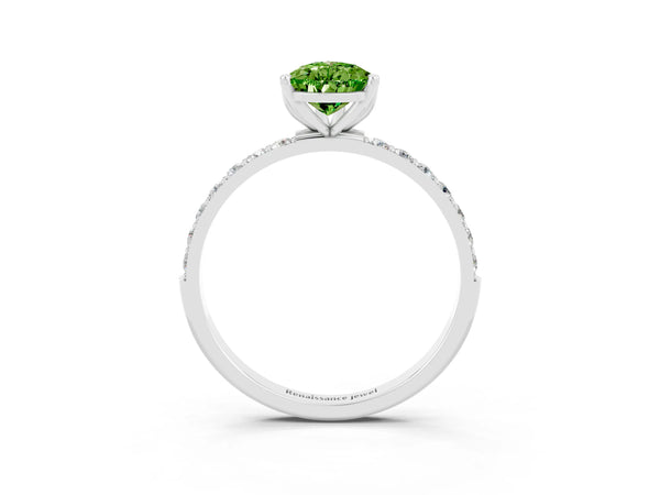 Silver Pear Cut Peridot Solitaire Engagement Ring with Round  Pavé Band and Prong Setting