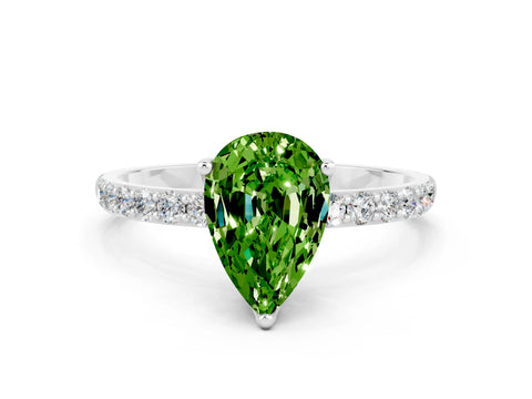 White gold Pear Cut Peridot Solitaire Engagement Ring with Pavé Band and Prong Setting