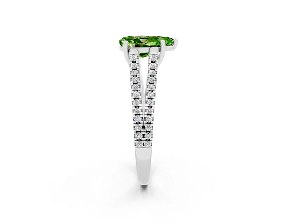 Platinum Pear Cut Peridot Solitaire Engagement Ring with Split Shank Pavé Band