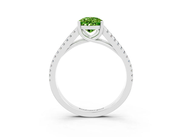Silver Pear Cut Peridot Solitaire Engagement Ring with Split Shank Pavé Band