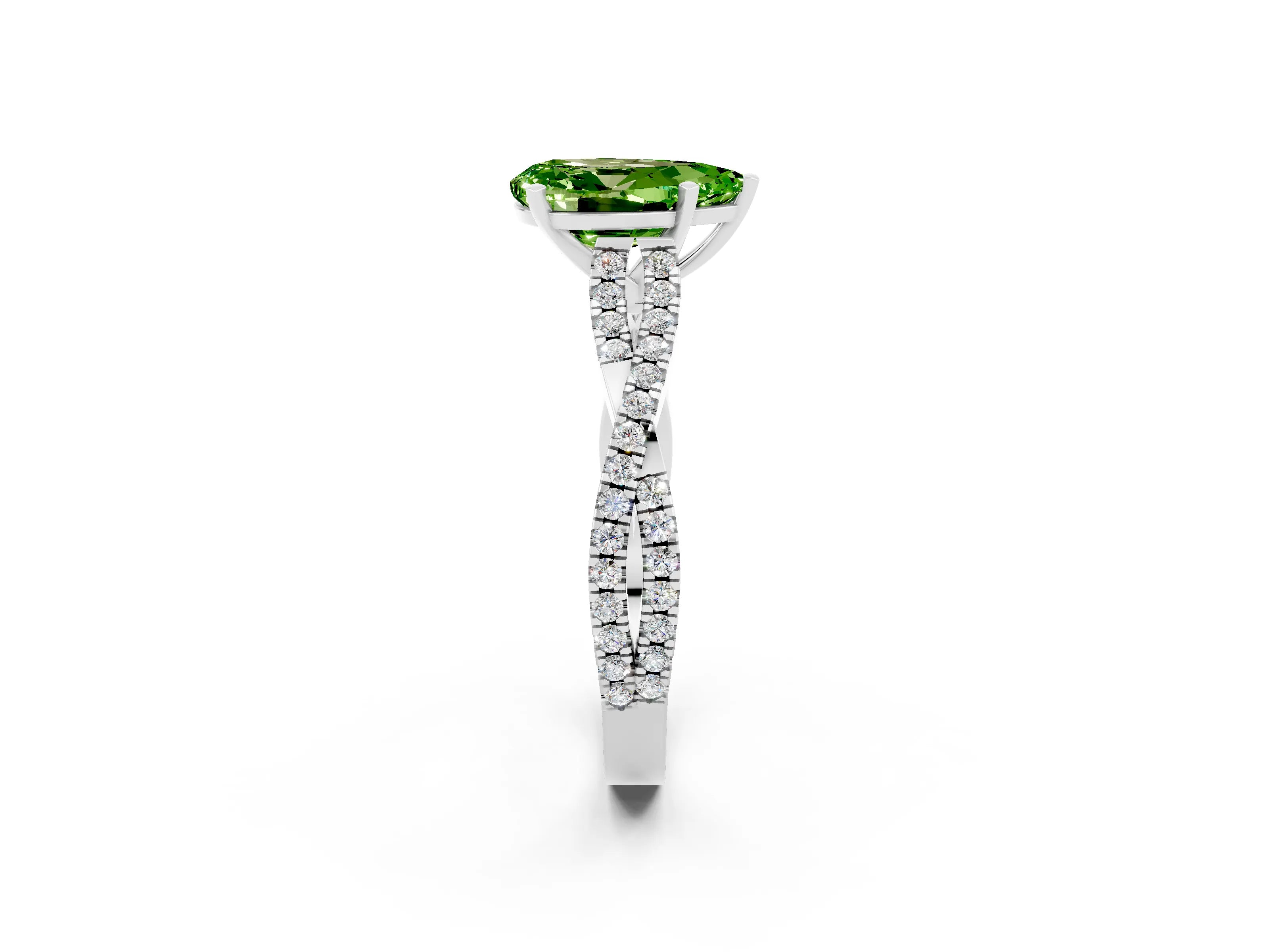 White gold Pear Cut Peridot Solitaire Engagement Ring with Twisted Pavé Band and Four-Prong Setting_2
